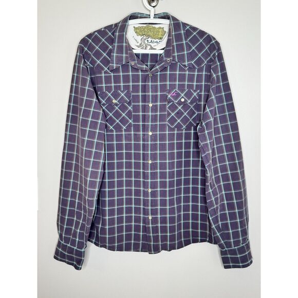 Y2K Hollister Purple Plaid Western Pearl Snap Shirt XL 21x27 Vintage Inspired - Picture 2 of 6